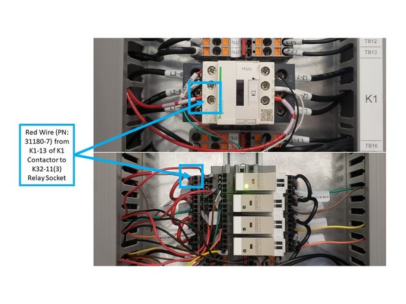 Install Red Wire (P/N: 31180-7) from K1-13 on the left side of the K1 Contactor, through the Wire Way, and into the top left K32-11(3) Relay Socket (as shown on the third image on the left).