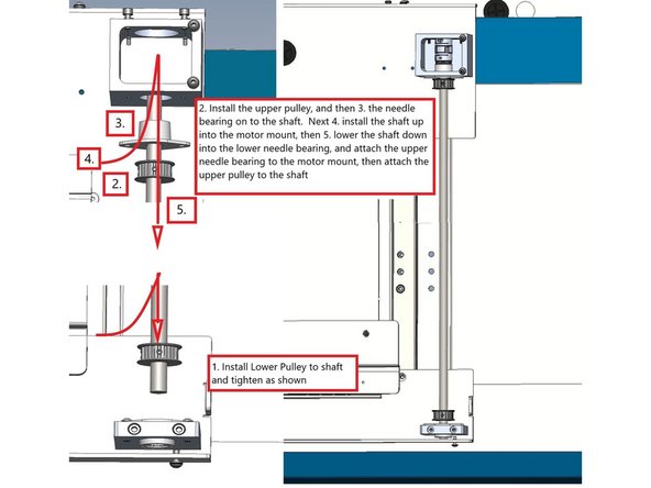 Install the lower pulley 50620-2 onto the flats on the timing shaft 36199 and tighten in place.  See Photo 2