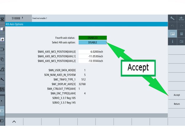 The TRAK Options screen will display the current status of the 4th Axis as well as the Advanced Surface and Top Surface (AS/TS) options. Press “Fourth Axis” from the right VSK