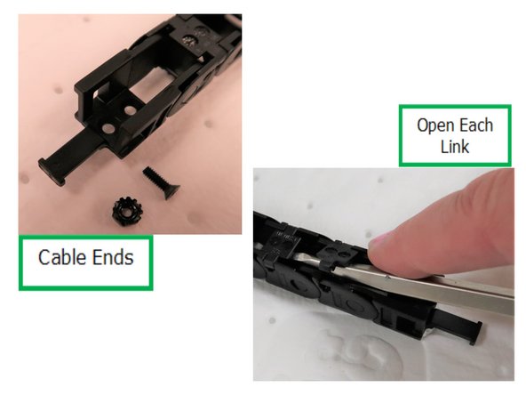 X &amp; Y EHWs need to have their electronic cable installed into the cable carrier chain by prying each link as shown. The ends of both cable carriers have different  genders as needed.  Attach cable ends to each cable carrier by prying. Attach EHW to double rail.