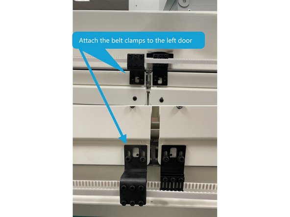 Next attach the 50623 Plate Belt Clamp to the 36123-1 Belt Clamp using (6) M4X10 SHCS with serrated and flat washers. Next attach the Assy to the lower door weldment using (2) M5X8 SHCS with flat and serrated washers. See Photo 1
