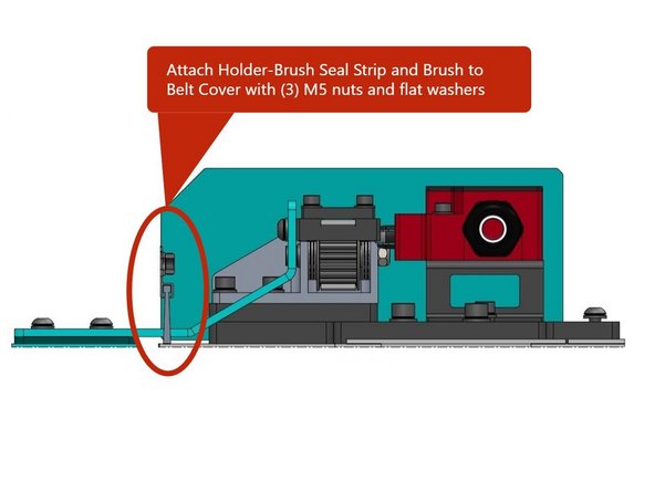 Install brush into Holder-Brush Seal Strip and attach the Holder-Brush Seal Strip and Brush  to the Belt Cover using (3) M5 Hex nuts and flat washers.