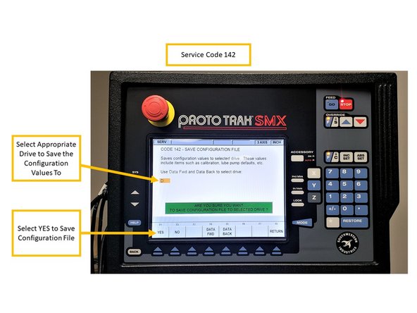 Service Code 142 allows you to save your configuration file to a floppy disk or external drive. The configuration file consists of items, such as calibration and backlash constants. This code is used when a computer module or hard drive needs to be replaced. This stores the configuration file from the hard drive to the floppy disk.