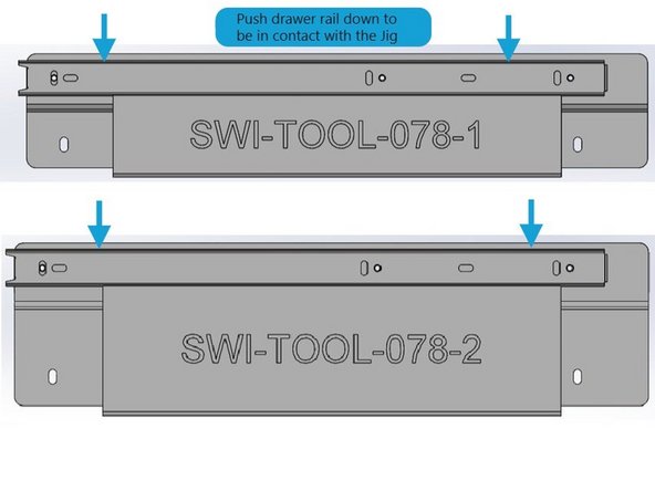 When installing the Drawer Rails to the Door Brackets, the rails should be in contact with the Jigs as shown in image 3.