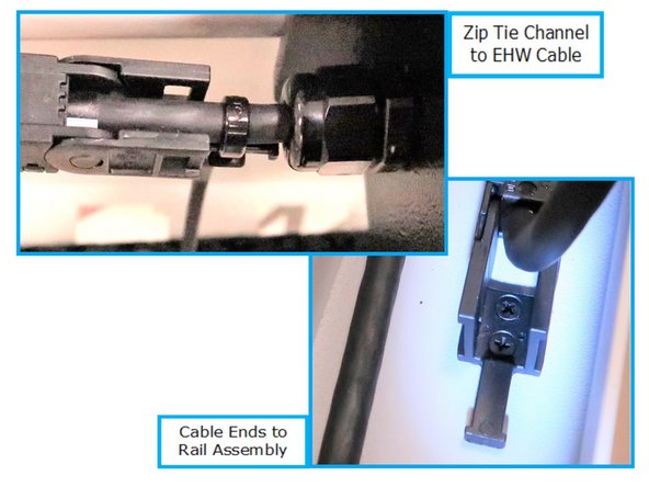 Attach cable carrier with electronic cable to EHW on rail. At the EHW end of the cable carrier a Zip Tie is used on the cable end tab to attach to the cable. The rail end of the cable carrier is attached to the rail with two screws and locking nuts.