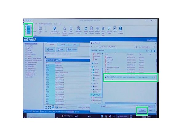 In the software open Drive selection &amp; Communication Setup  icon. Notice it will generate a window, on that window verify that it reads USB connection.  Next press TEST it will start loading the appropriate parameters for the AC Drive.