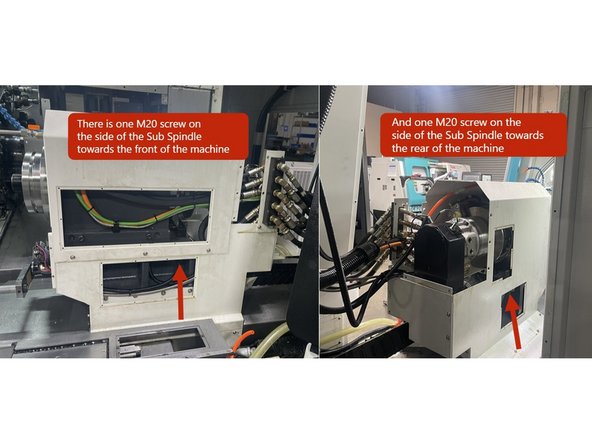 To adjust the Sub Spindle you need to loosen the (4) M20 screws attaching the spindle to the main casting. To do this you will need a long 1/2 drive ratchet and a stubby 17mm hex driver socket. Loosen the screws and then retorque to 60 in-lbs (70 kgf.mm). See Photos below for screw locations.