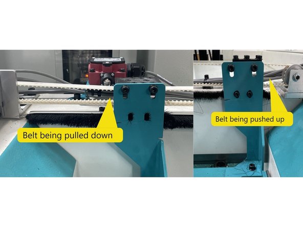 For belt alignment, open the door and check the belt height coming off the motor pulley, close door and check the idler pulley as well. If the belt is being pulled up or down close the door and loosen the belt clamp to belt bracket mounting screws and align the belt so it's coming straight off of the idler pulley. Recheck the open position again.