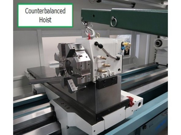 Using a counterbalance hoist, lift turret out of crate or where stored to carefully align and place it in position.