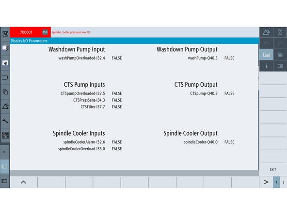 The custom screen also provides a listing of washdown, CTS Pump and Spindle Cooler I/Os.