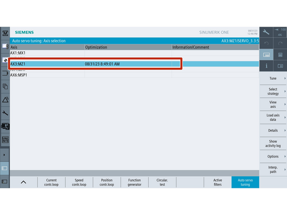 Select desired axis, then [Tune].