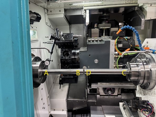 To set up to measure the Main and sub spindle Horizontal and vertical accuracy, move the test bar in the sub spindle to about 0.500" from the test bar in the main spindle.