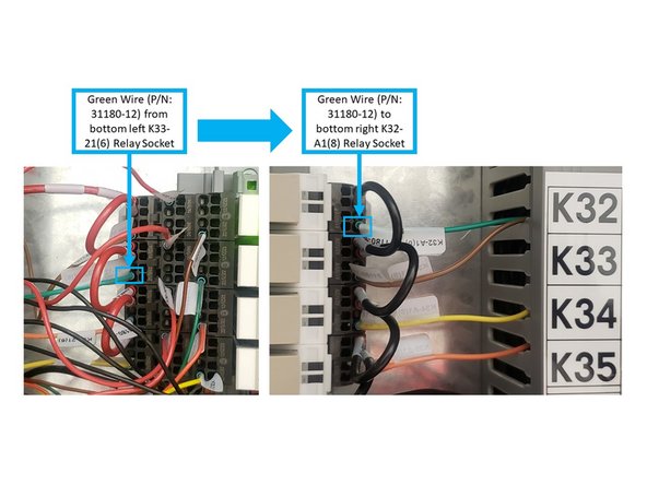 Install the Brown Wire (P/N: 31180-11) from the bottom left K32-21(6) Relay Socket, through the Wire Way, and into the bottom right K33-A1(8) Relay Socket.