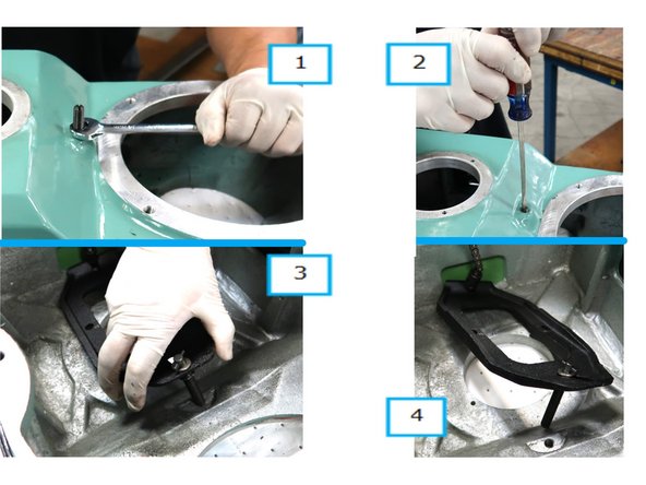 1 - Loosen and remove nut. 2 - Tighten stud into upper head. 3 - Remove stud from threads. 4 - Hold while flipping to access the top of upper head.