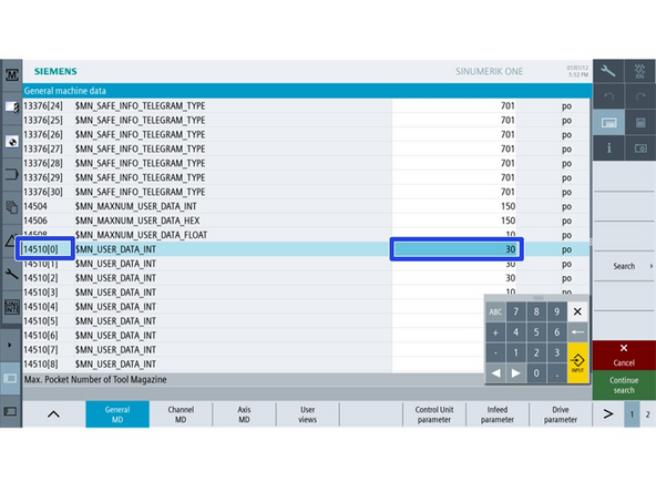 Press E-Stop, with the manufacturer password set, go to setup -&gt; NC -&gt; Tool Management -&gt; Active Data -&gt; Tool Unit (Chan1) and double click Magazine 1.
