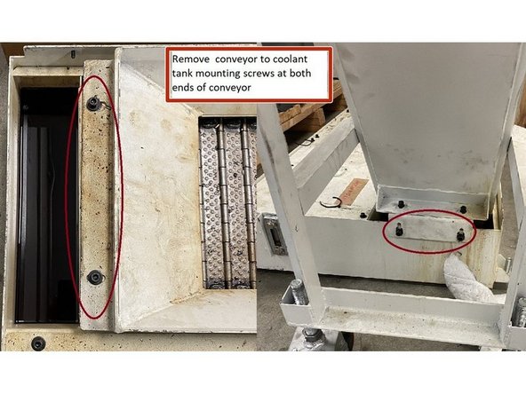 Remove the screws that attach the conveyor to the coolant tank and, using the lifting loops, a strap and some sort of lift, remove the conveyor from the coolant tank. and vacuum out all of the chips in the coolant tank.