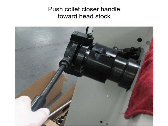 While holding the ¾” collet and collet adapter, rotate the clamping unit clockwise to thread the ¾” collet into the draw tube. After one rotation, verify thread engagement by pushing the collet closer handle away from the head stock; the ¾” collet should be pulled into the 5C collet adapter. If thread engagement has not occurred, repeat step 9.