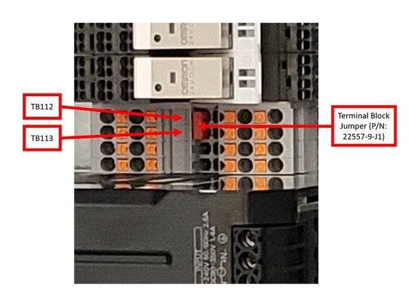 Install the Terminal Block Jumper (P/N:  22557-9-J1) vertically across TB112 and TB113 as shown on the first image on the left.