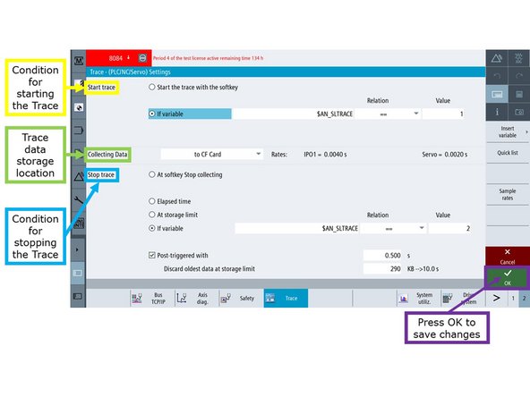 The "Trace - (PLC/NC/Servo) Settings" window will appear. It contains three (3) sections: (1) Start trace, (2) Collecting Data, and (3) Stop trace: