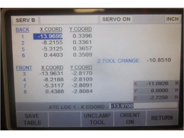 Note the number displayed in &quot;Z&quot; in the DRO in the lower right corner of the screen. Add (-) .010&quot; to this number, enter it  in the display and press ABSet. Press the &quot;Save Table&quot; key. Raise the Z axis to clear the ATC.