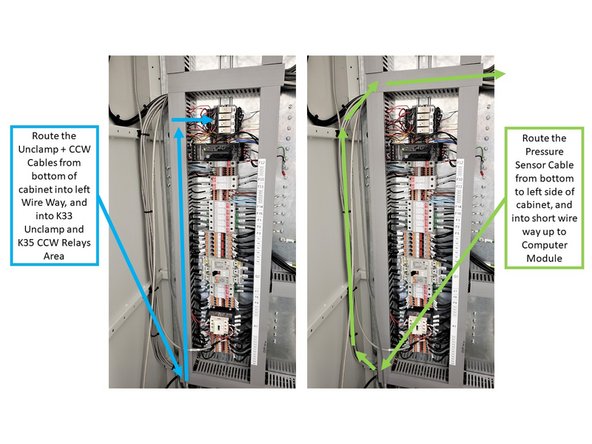 Route the Unclamp and CCW cables from the bottom of the cabinet into the left wire way, and up to K33 Unclamp and K35 CCW Relays Area, as shown on the third image on the left.