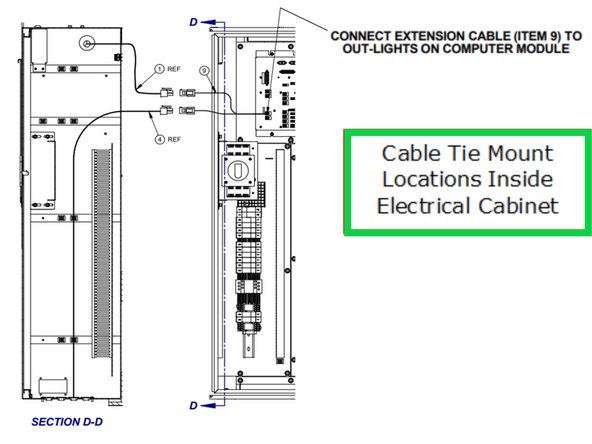 Install Work Lamp, route wiring from light, down the back, into opening in electrical cabinet. Route wiring inside electrical cabinet through existing cable mounts to be connected to &quot;OUT-LIGHTS&quot; connection on the computer module.