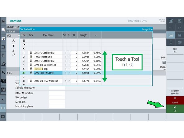 The following steps will place a tool in the spindle and then replace it into the tool magazine.