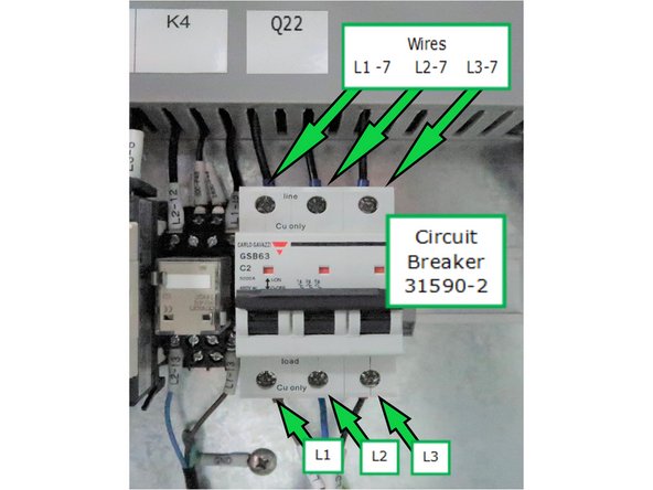 Install circuit breaker on the bottom rail in the cabinet as shown. Cable &quot;Spindle Oil Cooler Pump&quot; connects to the bottom of the Q22 circuit breaker. Wires on top of Q22 L1-7, L2-7 &amp; L3-7 connect to corresponding terminal blocks TB 16-1, TB 18-1, TB 20-1.