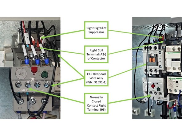 Connect the Left Pigtail of the Suppressor and the Red Wire of the P36-OUT CTS Cable together on the left coil terminal (A1+) of the Contactor.