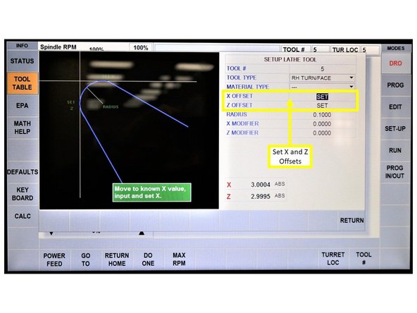 As shown on the first image on the left, make sure that each Tool Number is assigned to a Turret Location by inputting the specific number and hitting ABS SET for each one.
