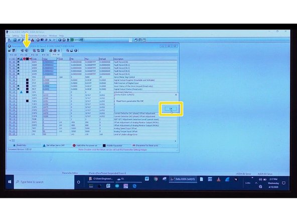 Click FILE, then OPEN, and select the 4th Axis TMC 4th Axis REV ?.par (For &quot;?&quot; - check in machine assembly for latest rev version). File click OPEN, and click OK. Notice a window will prompt a message, &quot;Read from parameter file OK?&quot; Click OK.