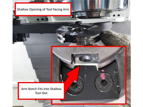 With the shaft raised to the tool change position, the plunger on the ATC arm will be compressed, which will allow the disc to be easily inserted into the arm.