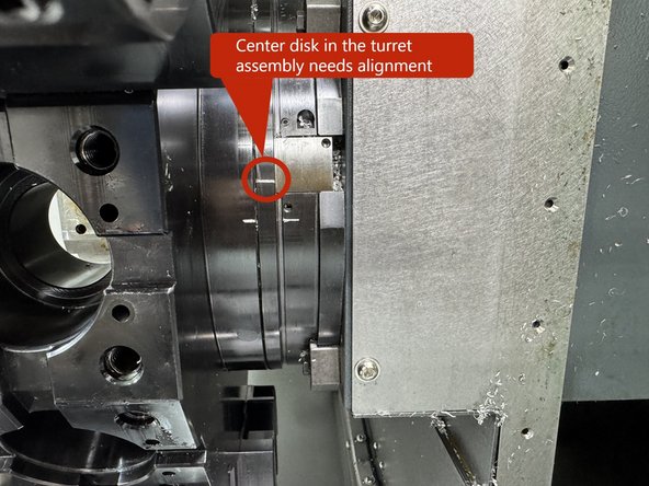 Method 2: Turret disk and coolant disk alignment. This method requires the removal of the turret disk to be able to realign the coolant  disk.