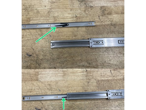 Now install the drawer rails to the mounting plates. Before doing this separate the smaller inner rail from the larger one. Use the black latch in photo 1 to release the inner rail and  slide it out of the outer one.
