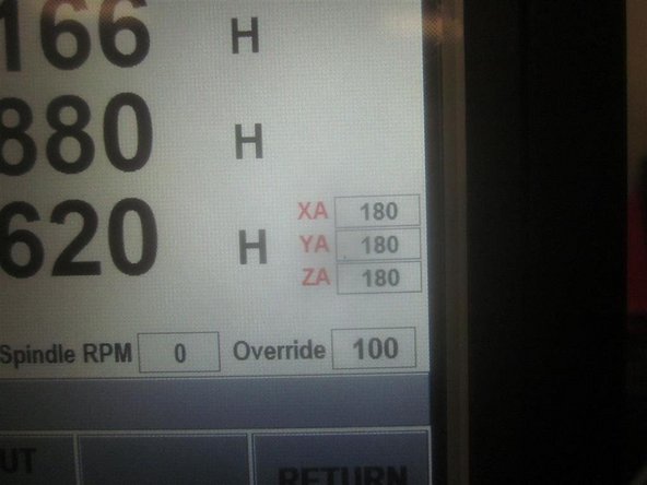 In service code 505, slowly jog the table rearward 1 inch towards the front, and check the Y-Axis index angle. If out of spec, adjust accordingly. Normal range is 135-225. If in spec, use service code 203 to &quot;home&quot; the machine.