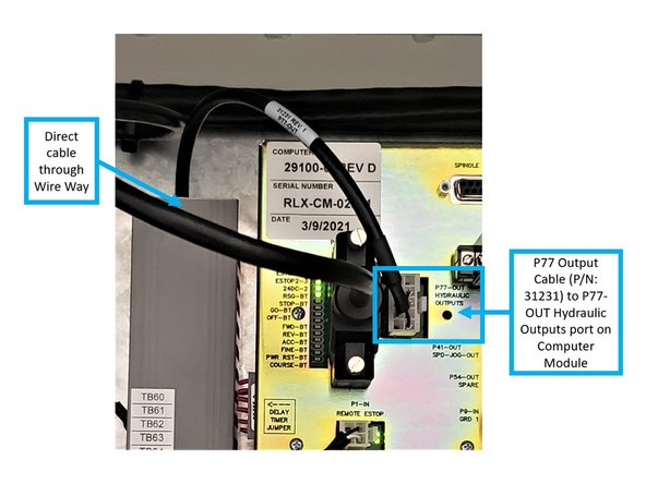 Install the Connector end of the P77 Output Cable on the P77-OUT Hydraulic Outputs port on the computer module, and direct the opposite end of the cable through the Wire Way as indicated on the second image on the left.