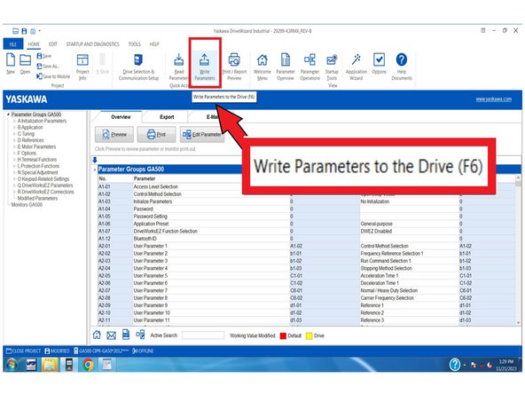 Press Write Parameters from the top menu.
