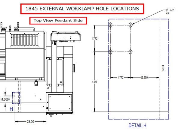 Top view of the pendant side on the left of the drawing shows the top of the 1845. Detail H shows the specific location of the Work Lamp holes.