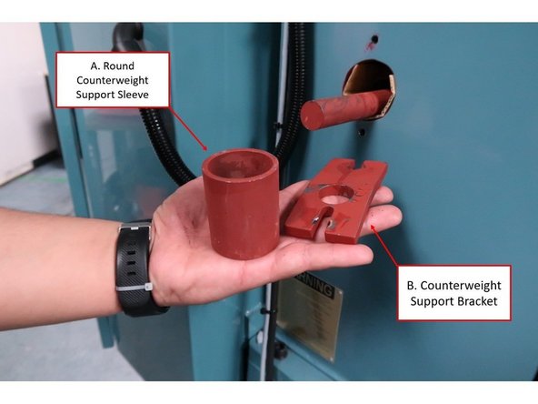 On the other side of the column, attach the counterweight support sleeve and bracket to the other end of the steel rod (see image on the left):