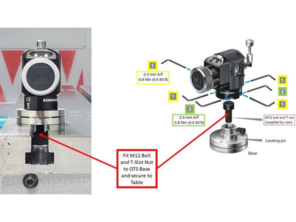 Use a 2.5 mm Allen wrench to loosen the four screws labeled "1" to separate the OTS Body from the Base (see first image).