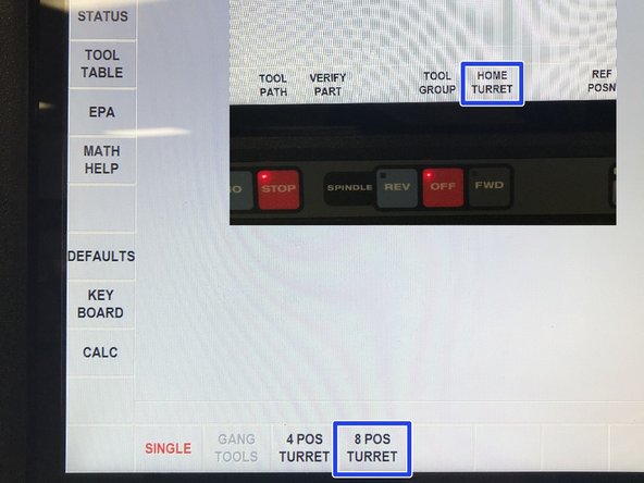 Select 8 POS, then RETURN, HOME TURRET and then GO. Make sure door is closed, turret will not move if door is open. 
