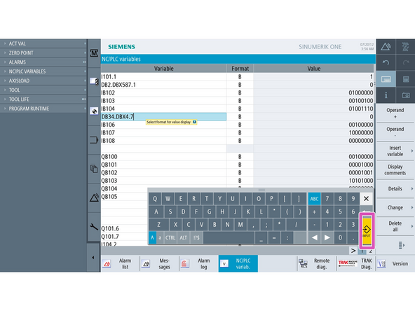 Press [Diagnostics]-&gt;[NC/PLC Variable]-&gt; Click under Variable in an empty row.
