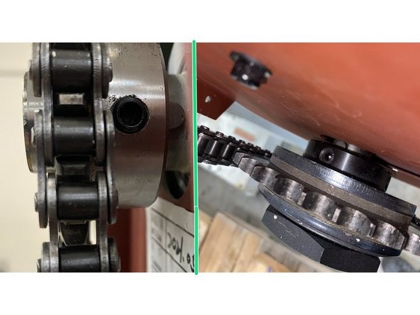 Find the set screws on the motor and clutch sprockets and loosen them. (There are 2 set screws per sprocket.) Remove the sprockets from the motor and drive shaft. Once both sprockets have been removed, remove the woodruff keys from the motor and and driveshaft, then remove the sheet metal cover from behind the sprockets.