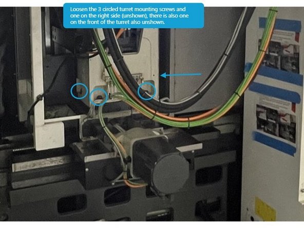 Loosen the 5 turret mounting screws shown in photo 1, and torque to 7ft-lbs. To access the right side mounting screw you will need to move the Z Axis to the limit farthest from the main spindle.