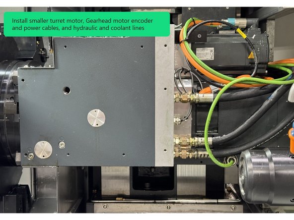 Lift the motor with a crane or other lifting device, align the coupling on the motor with the coupling on the drive shaft and slowly move the motor back into the turret assembly. Once the motor is back into the turret install the 4 mounting screws and tighten.