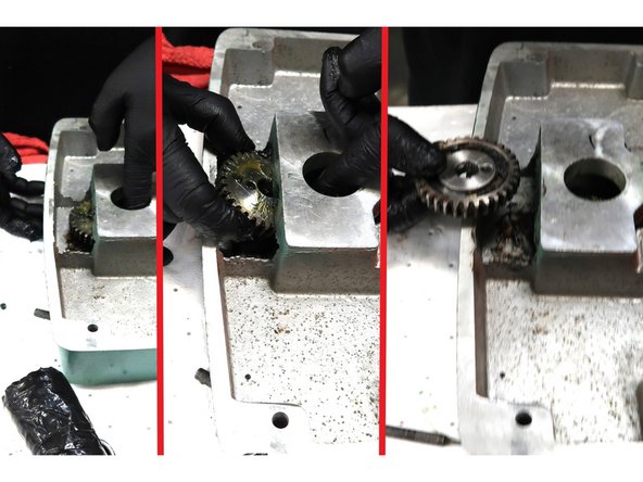 Use finger to slide speed change gear towards the edge of the plate and use other hand to remove gear. Clean excess grease.