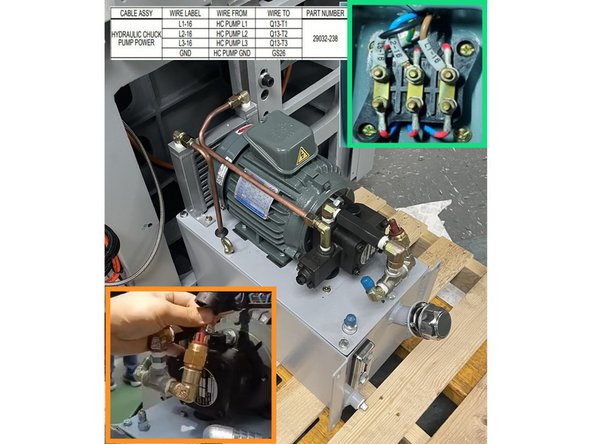 Using a pallet jack raise the hydraulic tank assembly up high enough that it can be moved into the base casting. Before moving the tank assembly all the way in connect the pump power cable to the pump motor. Wire L1-16 to HC Pump L1, L2-16 to HC Pump L2, L3-16 to HC Pump L3 and the ground to pump ground. See Photo 2.