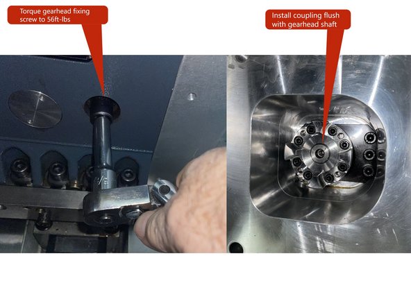 Once the gearhead has been aligned torque the gearhead fixing screw to 56ft-lbs. Next install the coupling flush with the gearhead shaft as shown in Photo 1. Tighten the screws in a crossing pattern to lock the taper lock to the gearhead drive shaft.