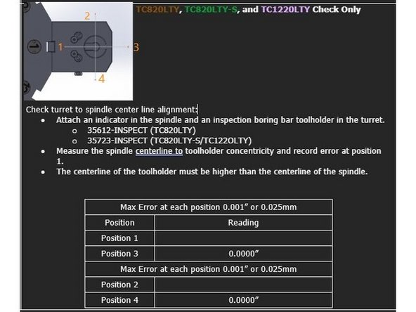 To align the turret centerline with the main spindle move the X and Y axis positions until the centerline of the tool holder bore is within spec of the spindle centerline.