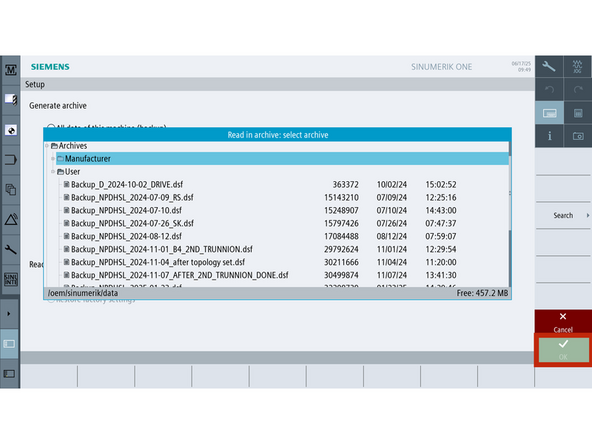 A file browser will open. Select the desired .dsf archive file and press [OK].